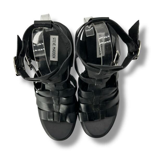 Steve Madden Black Chunky Strappy Heels Size 9.5 Buckle Platform Lug Gladiator - Picture 4 of 9
